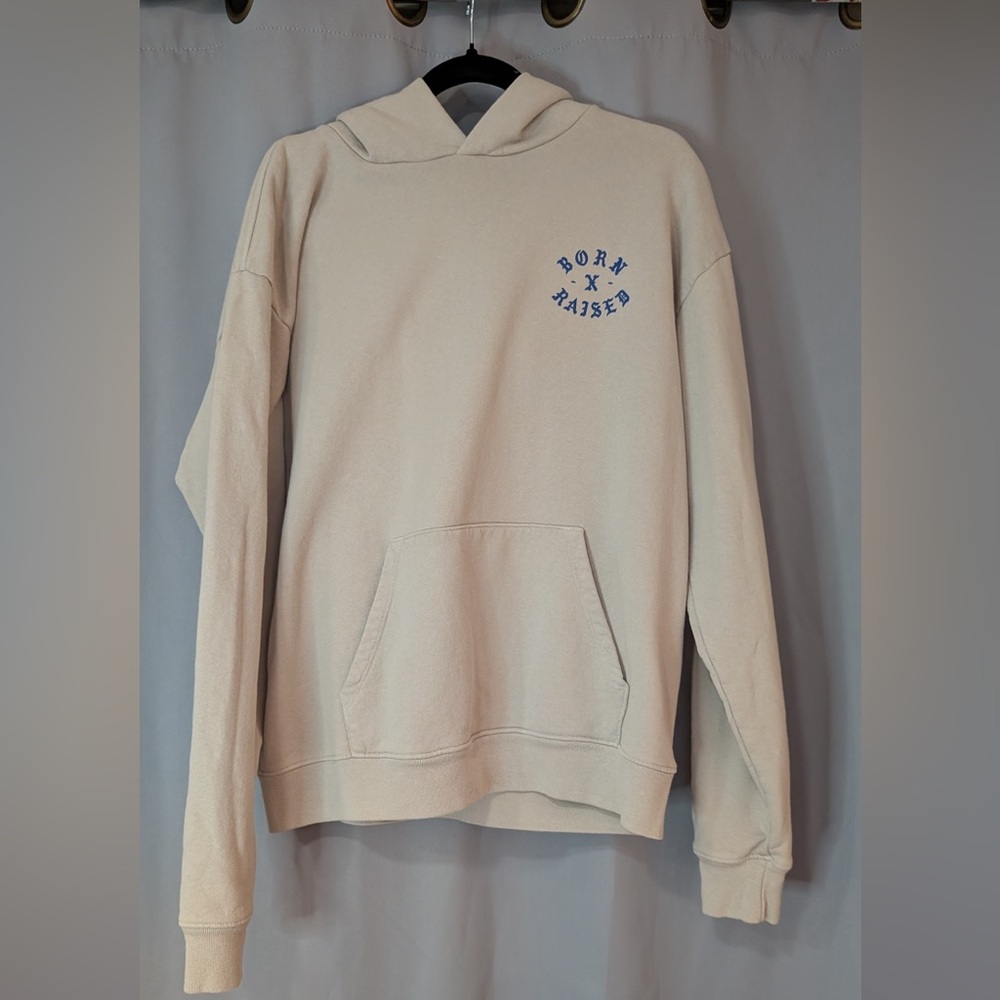 Born X Raised Beige Hoodie Blue Gothic Logo - Size L NWOT